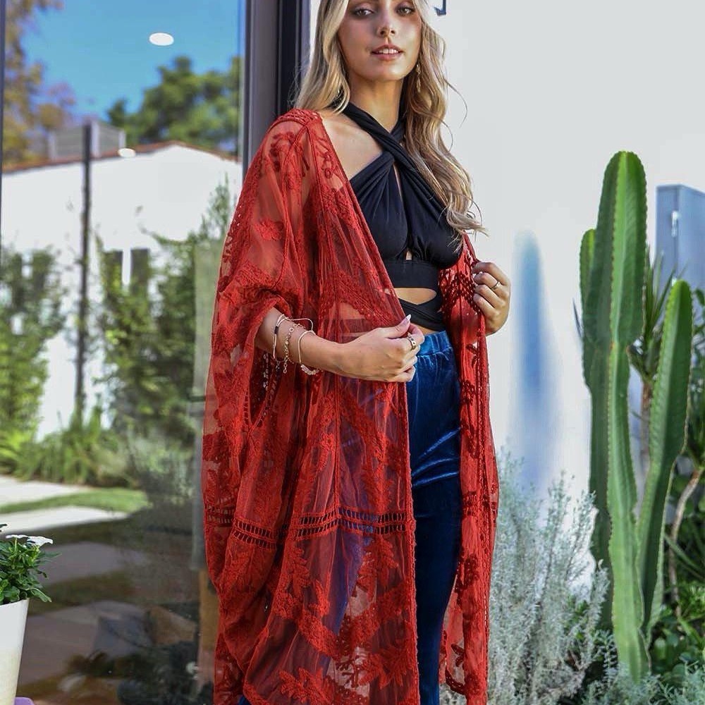 Lace Red Rust Oversized Duster Kimono One Size Fits All